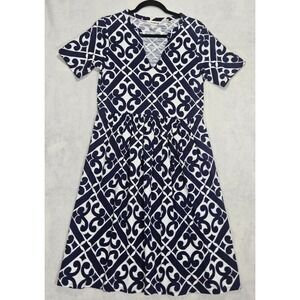 Boden Dress Sz 6L 6 Small Jersey A-Line Navy White Gathered Notched Neck Midi